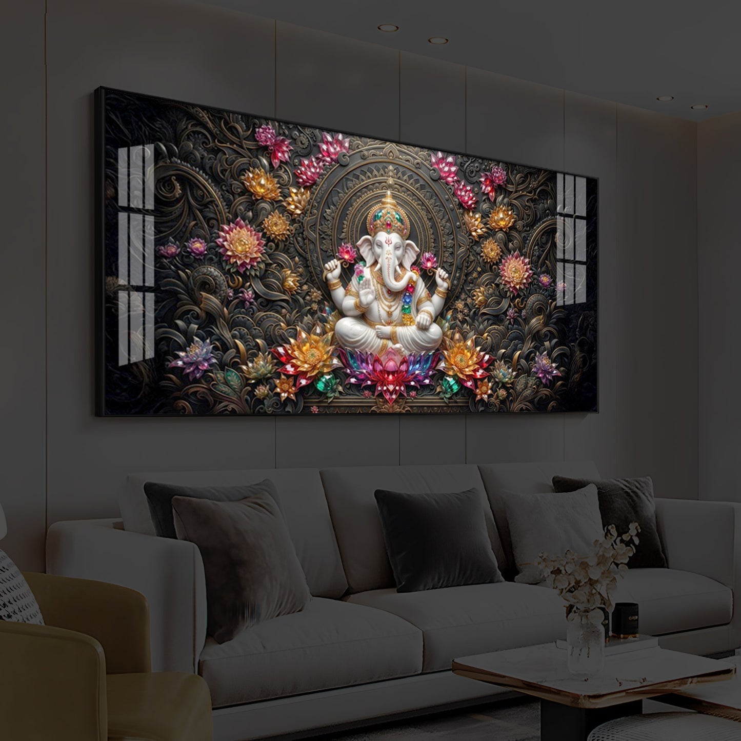 Lord Ganesha Blooming Lotuses Modern Luxury Backlight Horizontal Wall Art