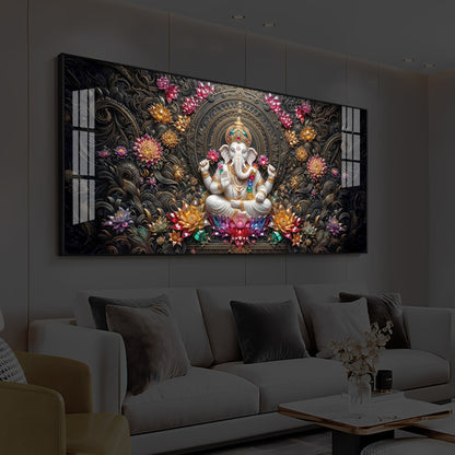 Lord Ganesha Blooming Lotuses Modern Luxury Backlight Horizontal Wall Art