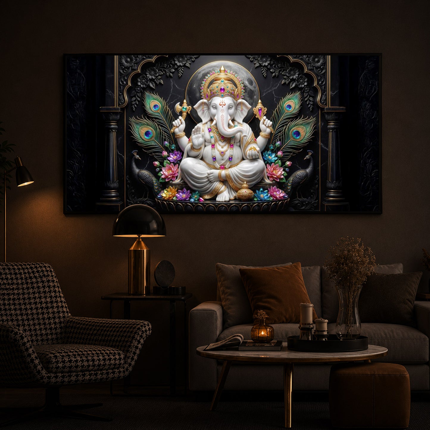 Lord Ganesha With Peacock Feather Modern Luxury Backlight Horizontal Wall Art