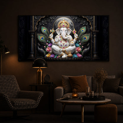 Lord Ganesha With Peacock Feather Modern Luxury Backlight Horizontal Wall Art