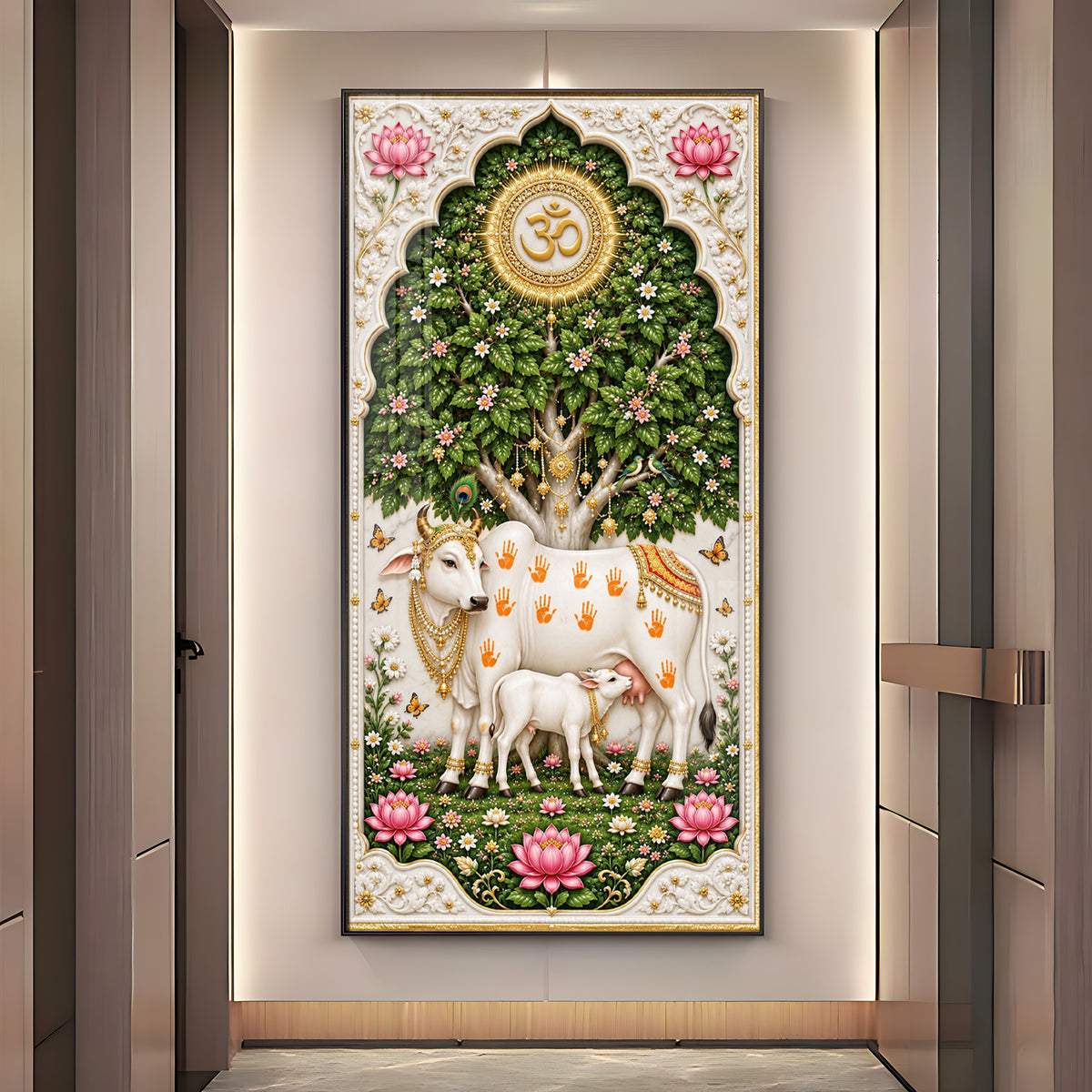 Kamdhenu Cow With Calf Premium Acrylic Vertical Wall Art