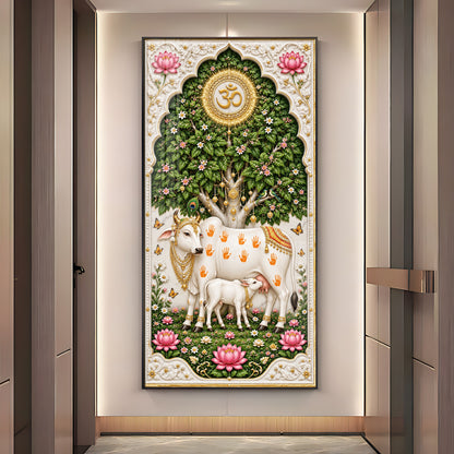 Kamdhenu Cow With Calf Premium Acrylic Vertical Wall Art