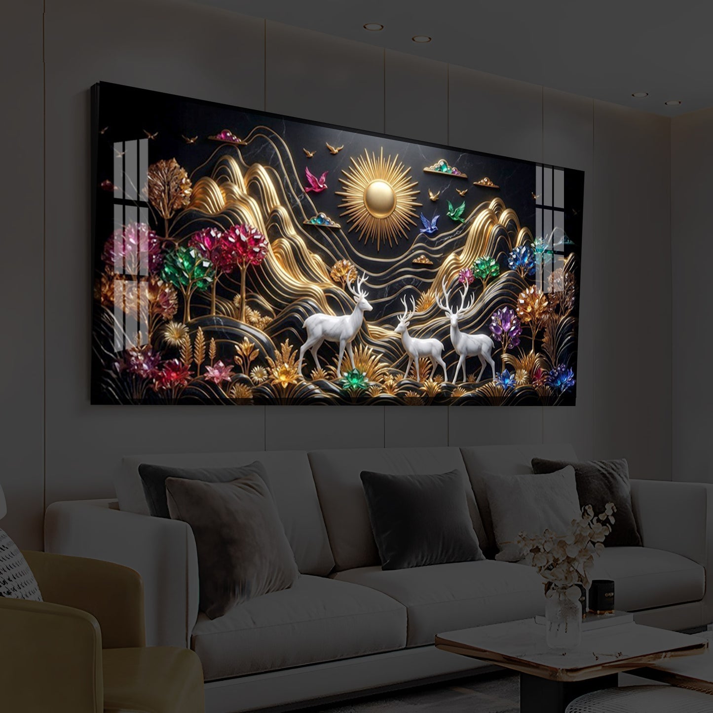 White Deer With Sun Modern Luxury Backlight Horizontal Wall Art