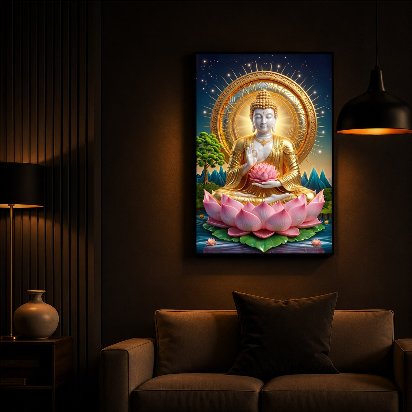 Lord Gautama Buddha Modern Luxury Backlight Vertical Wall Art