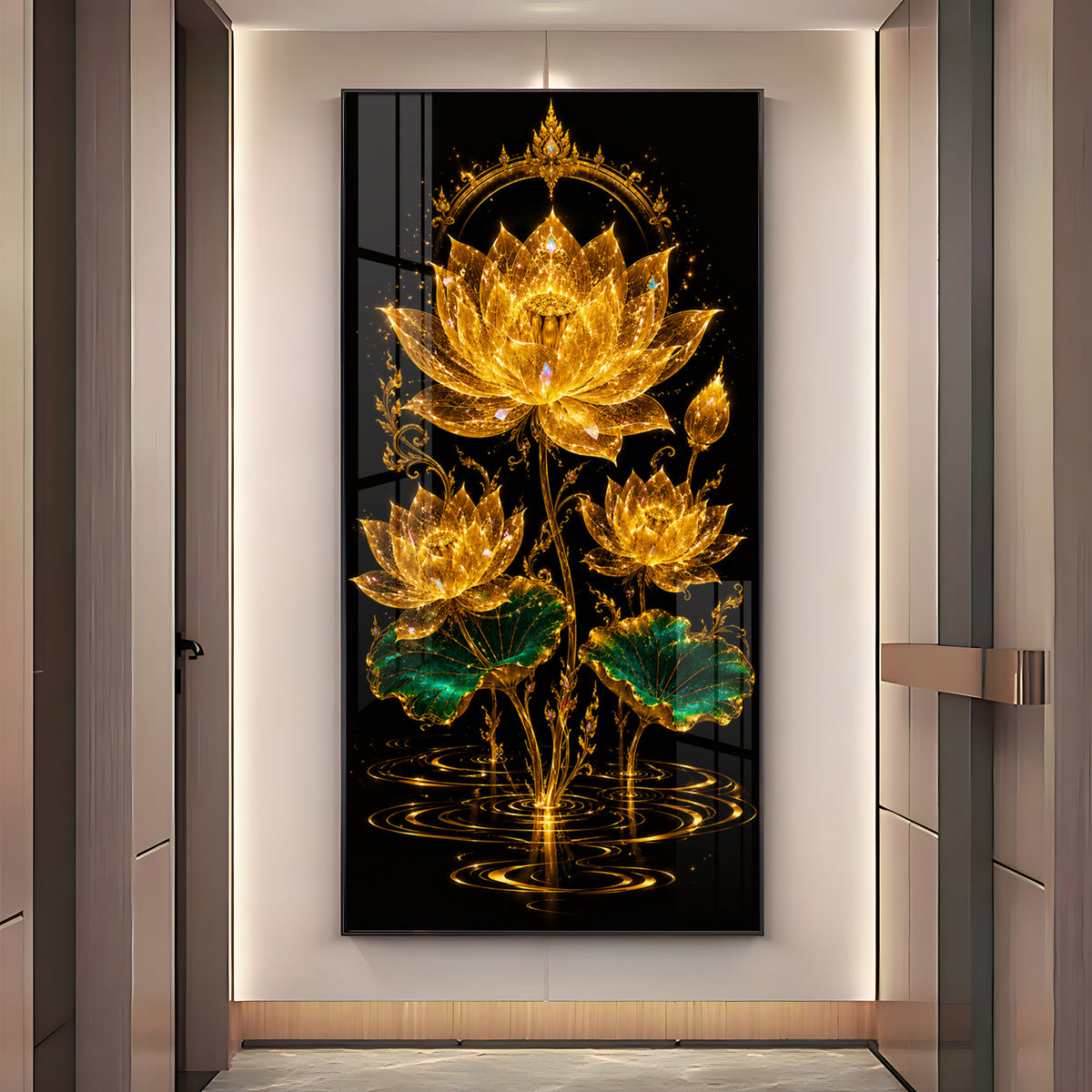 Sacred Golden Lotus Bloom Premium Acrylic Vertical Wall Art