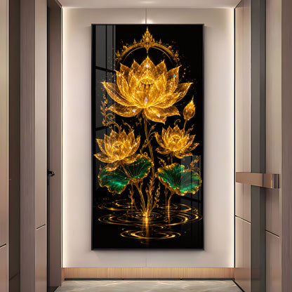 Sacred Golden Lotus Bloom Premium Acrylic Vertical Wall Art