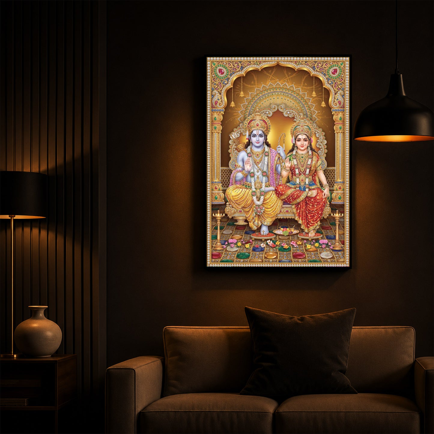Lord Rama and Goddess Sita Modern Luxury Backlight Vertical Wall Art
