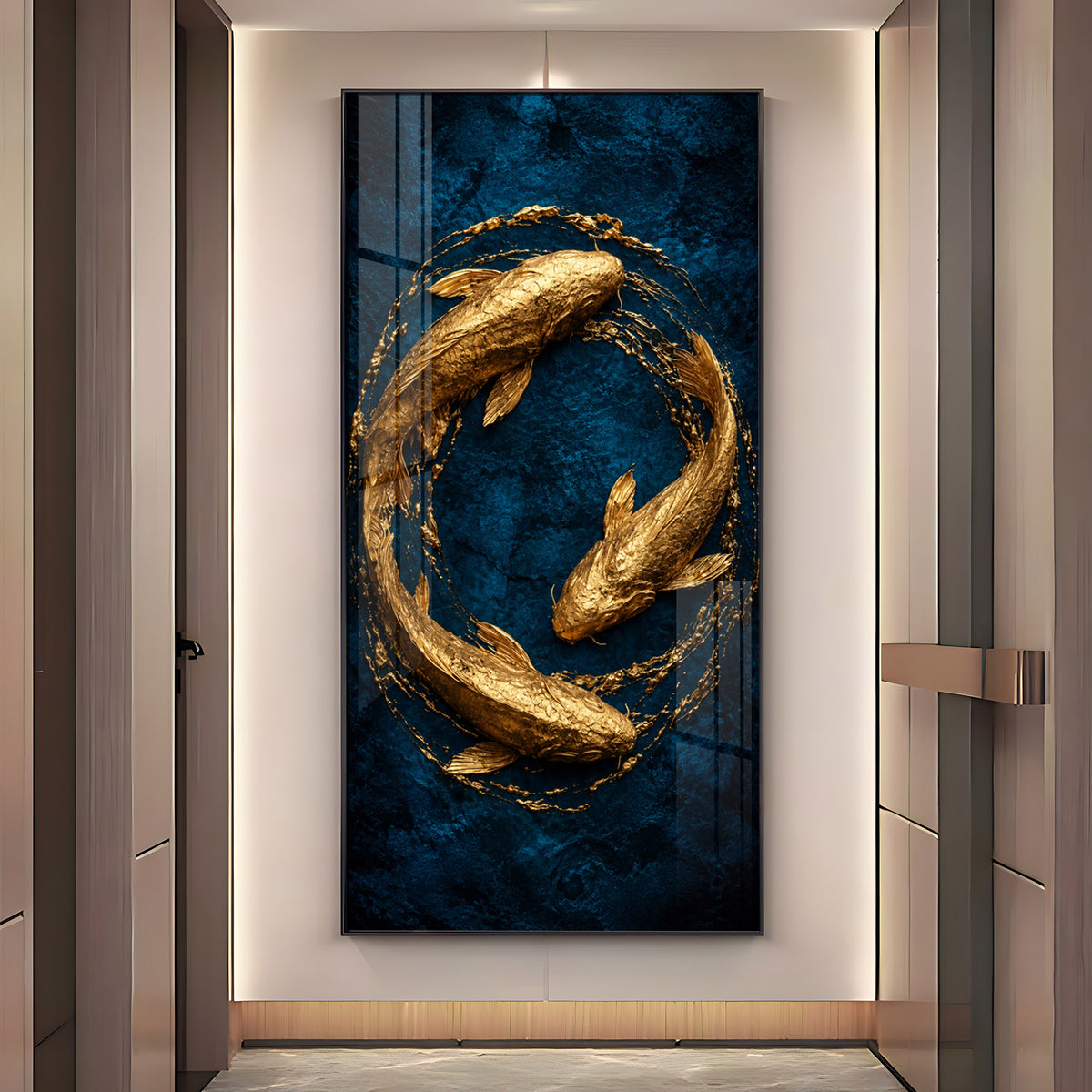 Majestic Golden Koi Circle Background Premium Acrylic Vertical Wall Art