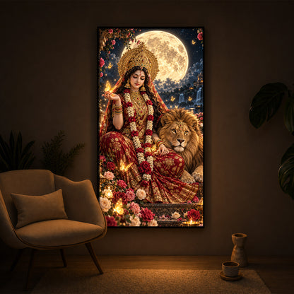 Maa Durga Moonlit Modern Luxury Backlight Vertical Wall Art