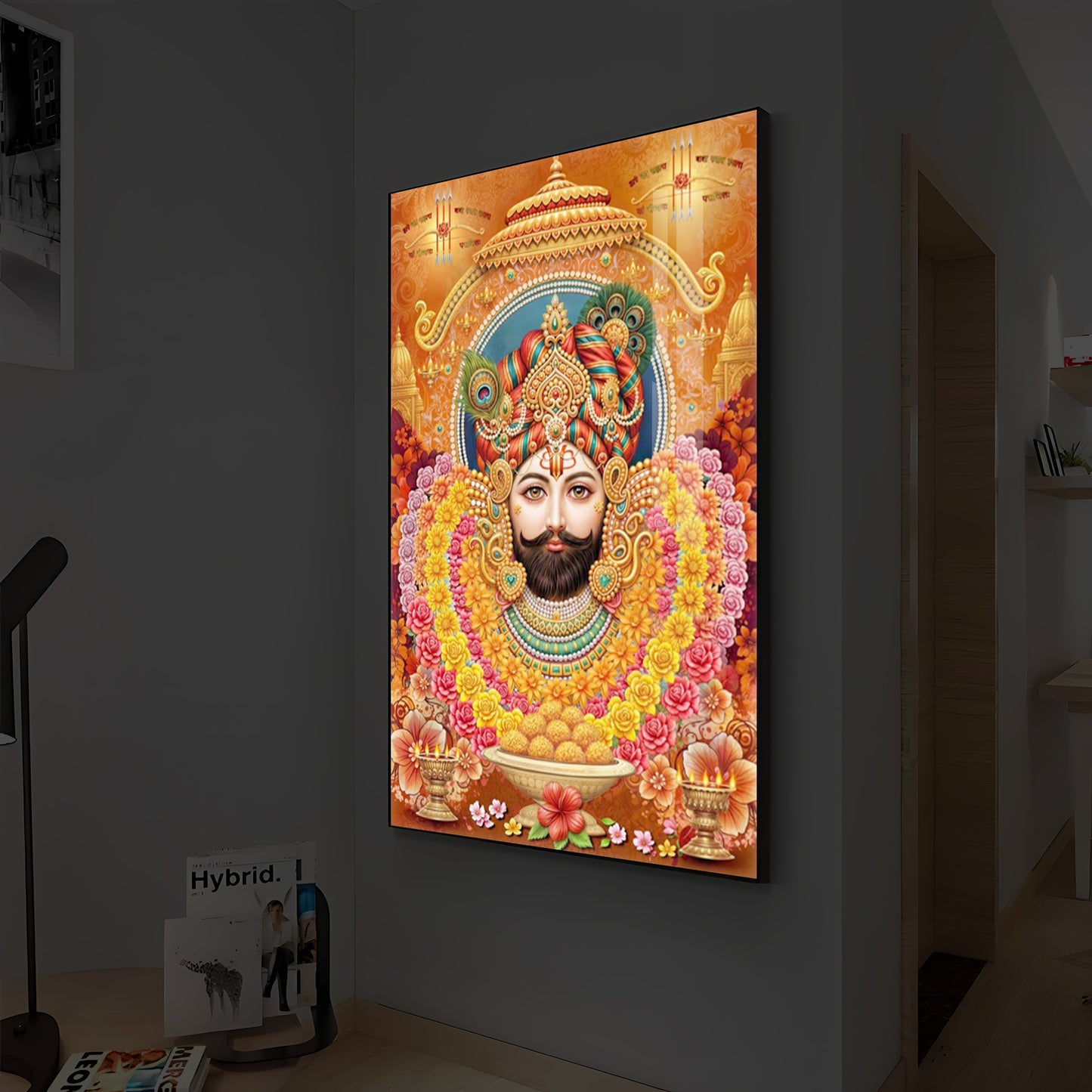 Hindu deity Khatu Shyam Ji Modern Luxury Backlight Vertical Wall Art
