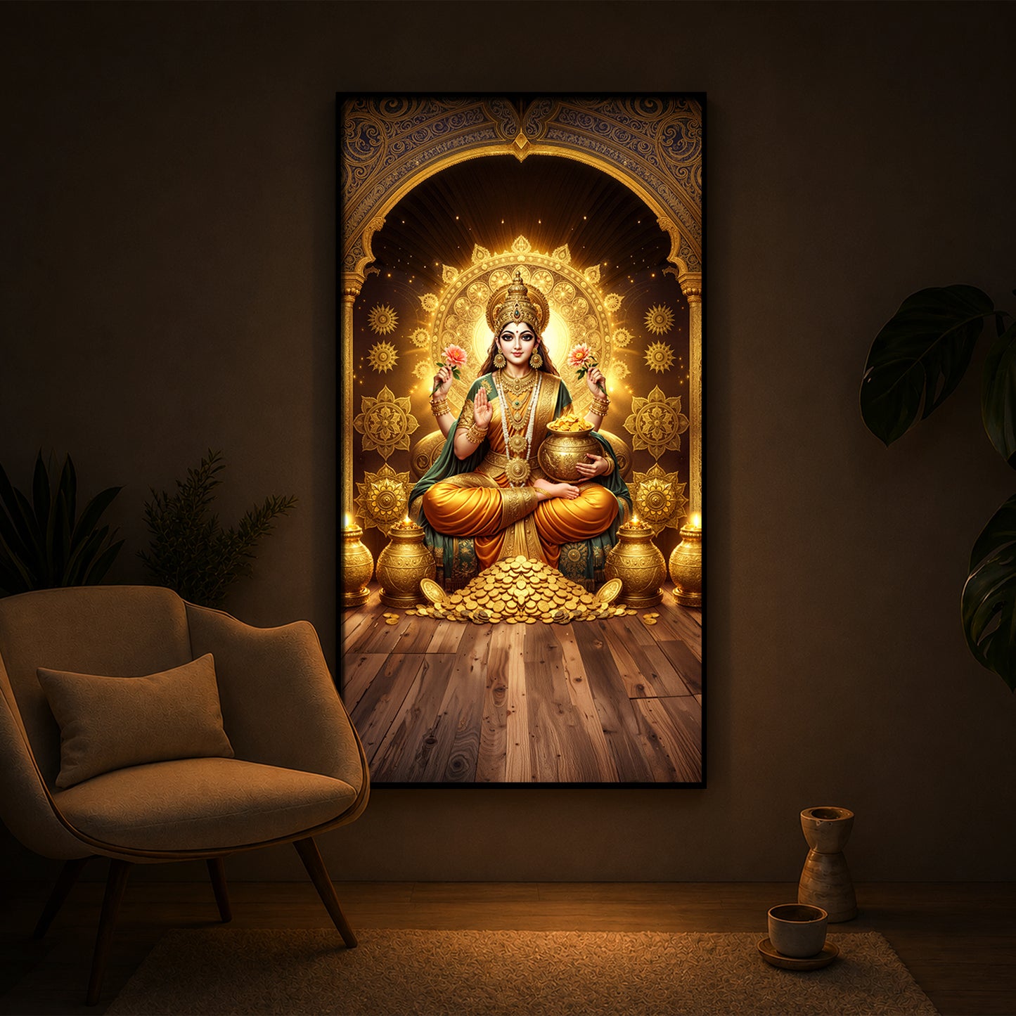 Goddess Lakshmi Maa Modern Luxury Backlight Vertical Wall Art