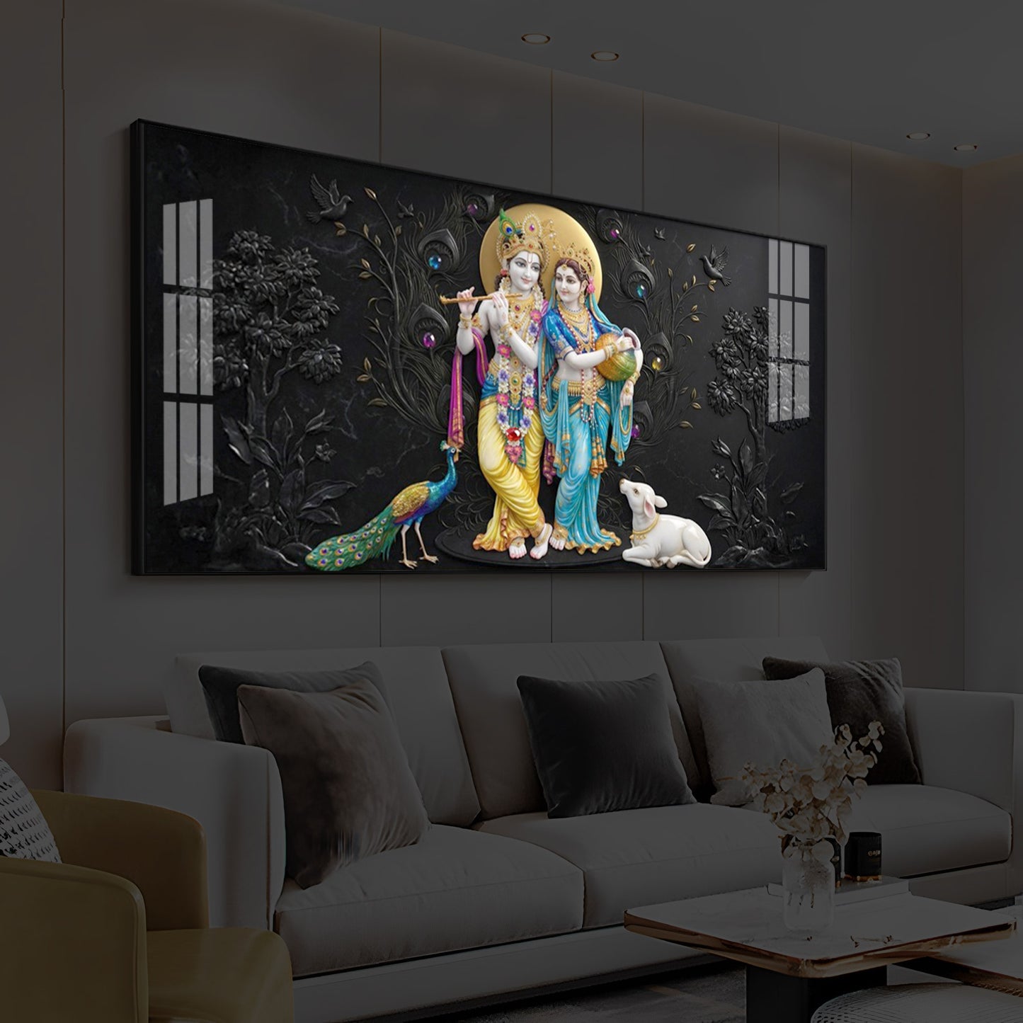 Depicting Radha Krishna Modern Luxury Backlight Horizontal Wall Art