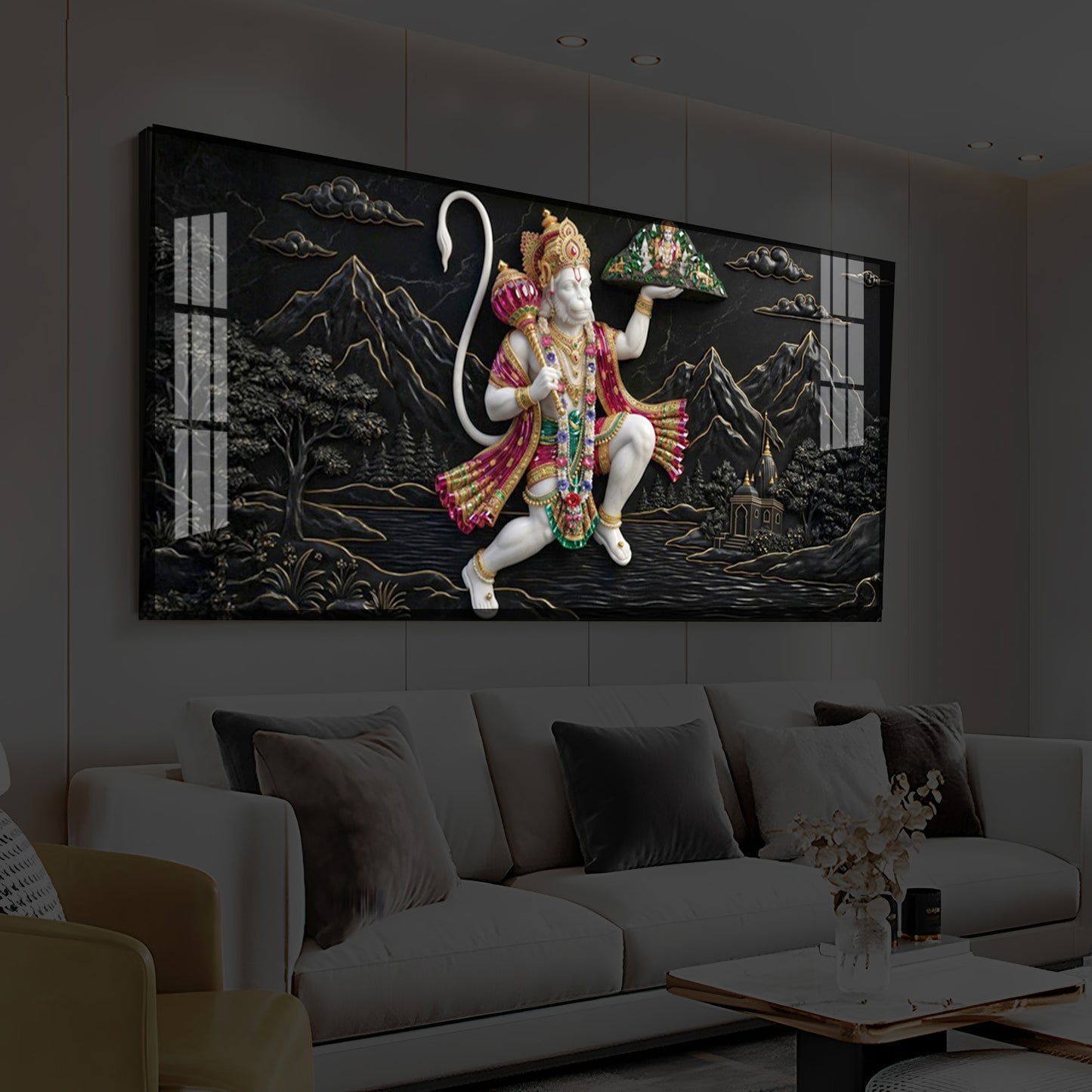 Lord Hanuman Carrying Sanjeevani Mountain Modern Luxury Backlight Horizontal Wall Art