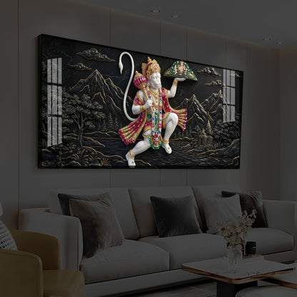 Lord Hanuman Carrying Sanjeevani Mountain Modern Luxury Backlight Horizontal Wall Art