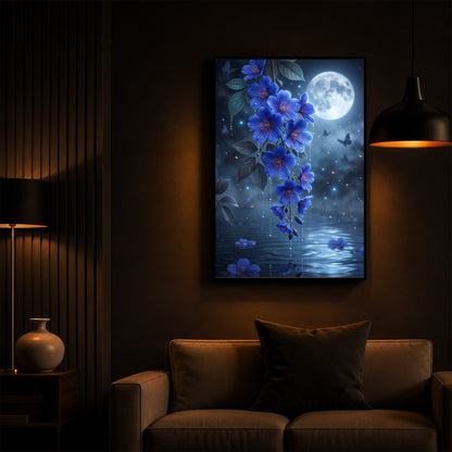 Moonlit Blue Blossoms Modern Luxury Backlight Vertical Wall Art