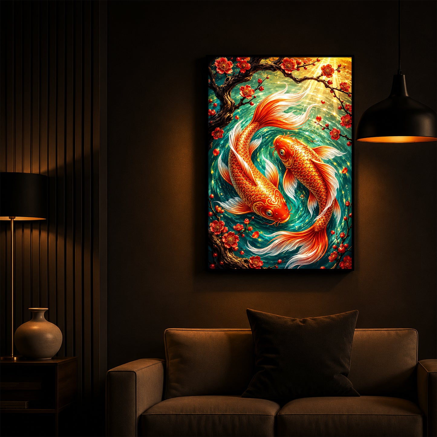 Two Beautiful Koi Fish Modern Luxury Backlight Vertical Wall Art