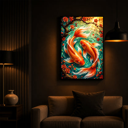 Two Beautiful Koi Fish Modern Luxury Backlight Vertical Wall Art