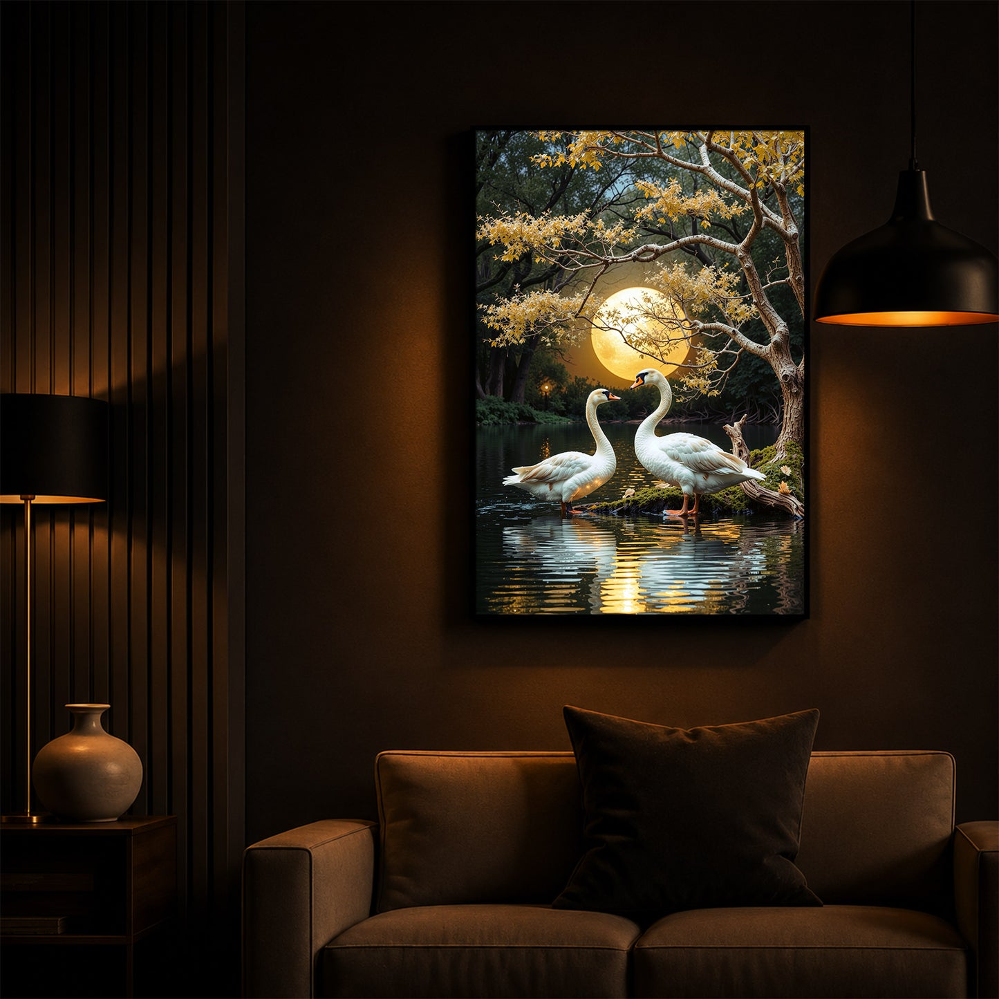 Couple Swan Modern Luxury Backlight Vertical Wall Art