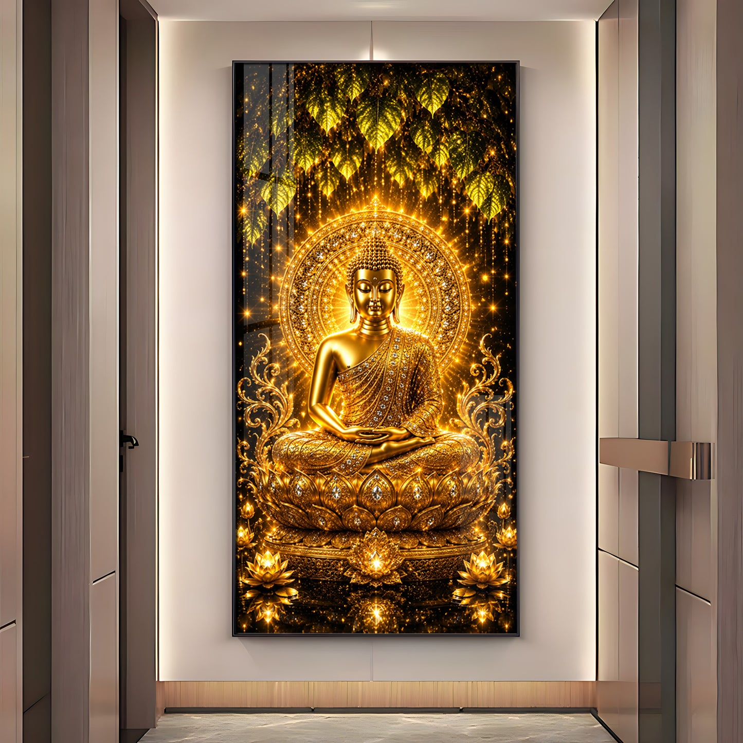 Golden Meditating Buddha Premium Acrylic Vertical Wall Art