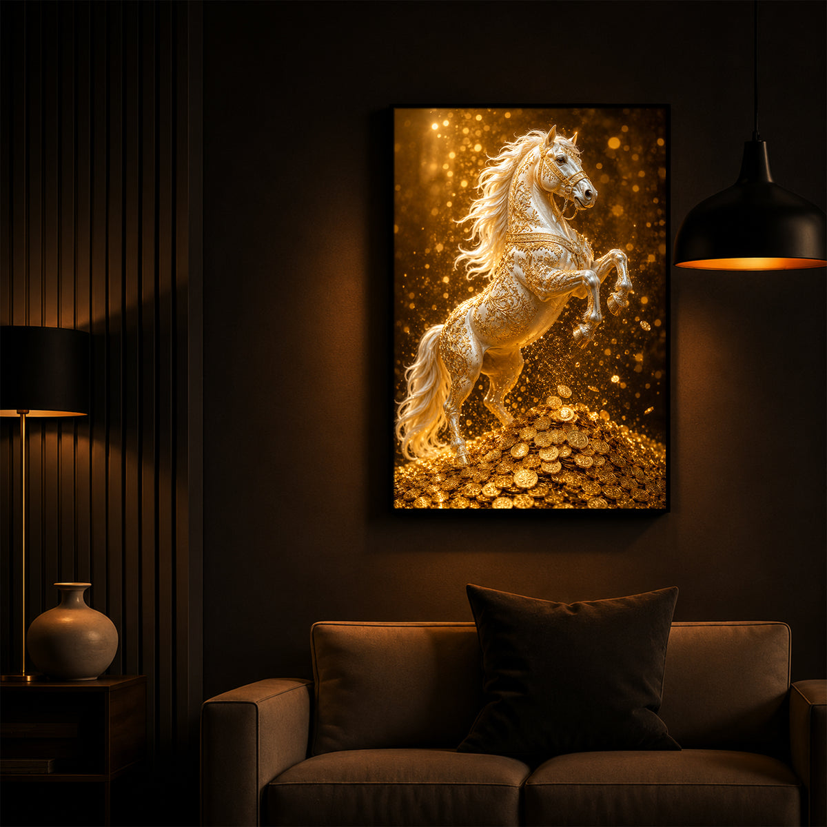 Majestic Golden Horse Modern Luxury Backlight Vertical Wall Art