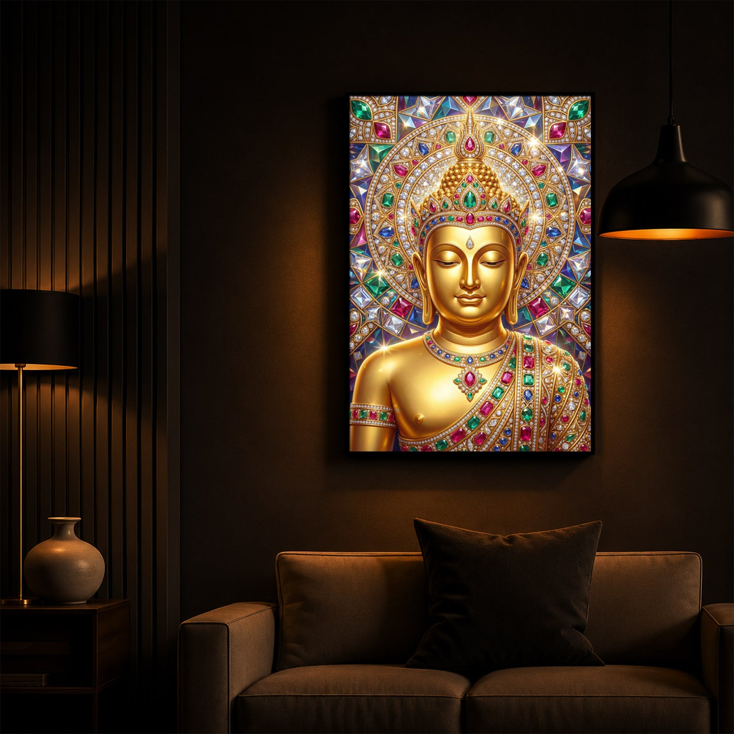 Exquisite Golden Buddha Modern Luxury Backlight Vertical Wall Art