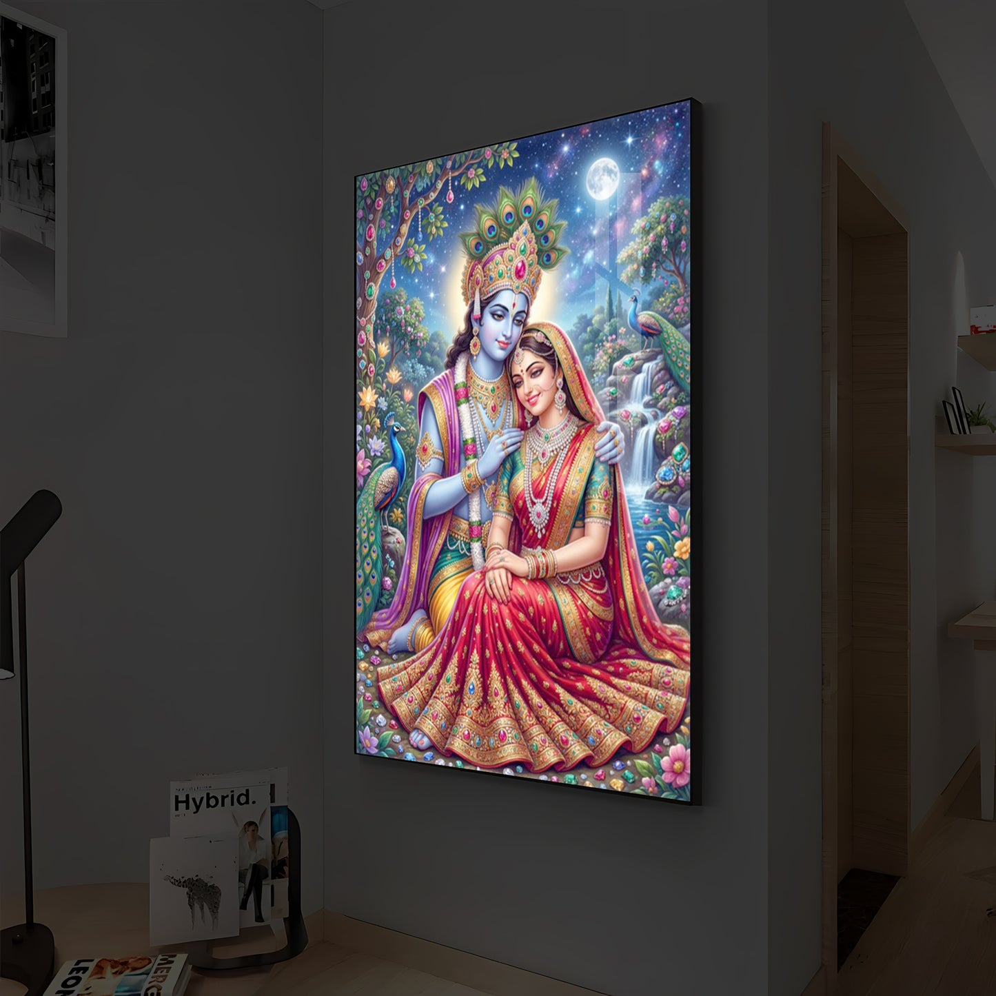 Divine Radha Krishna Serenity Modern Luxury Backlight Vertical Wall Art