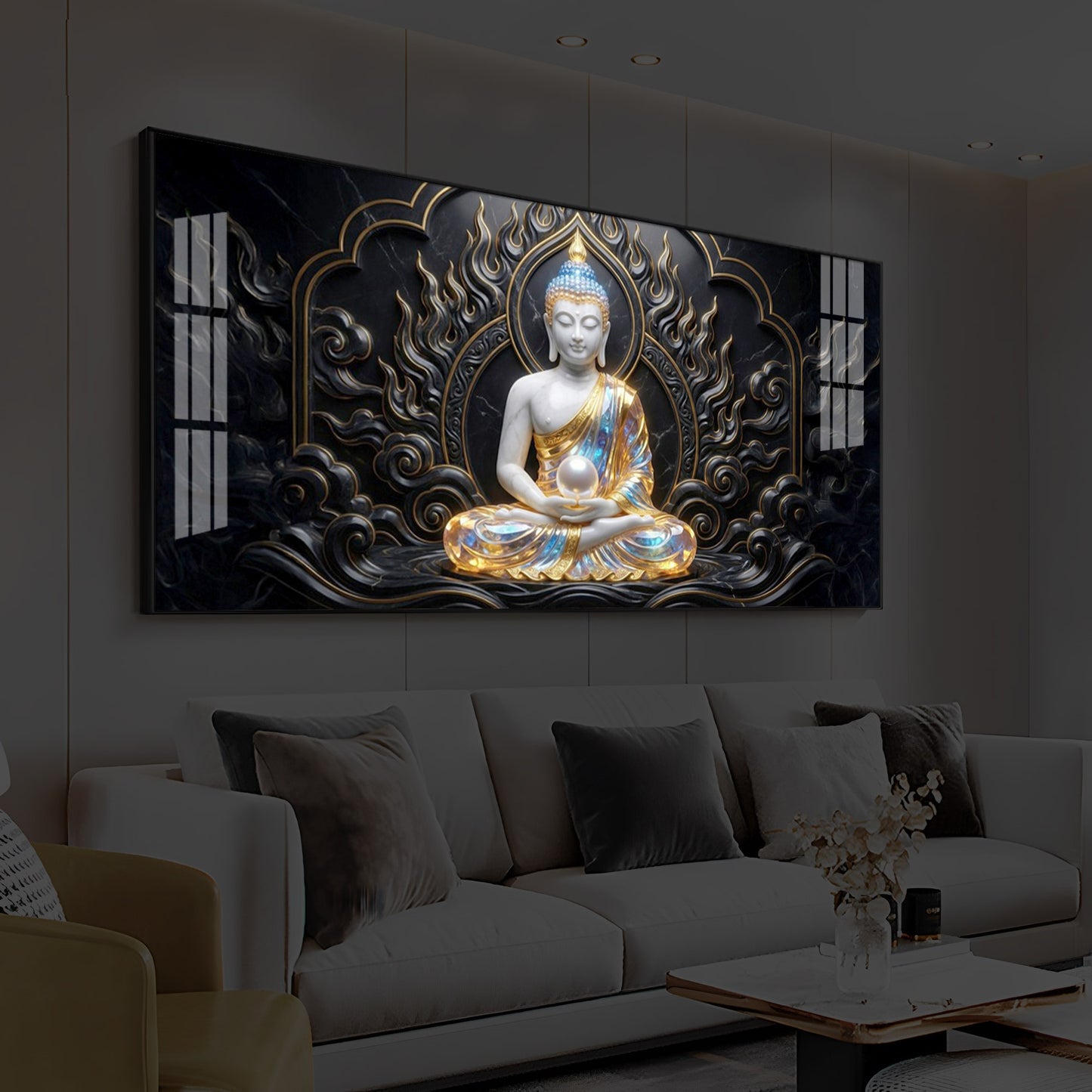 Meditating Buddha Modern Luxury Backlight Horizontal Wall Art
