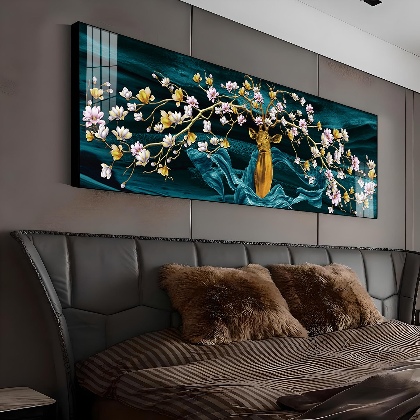 Golden Deer With Flowering Premium Acrylic Horizontal Wall Art