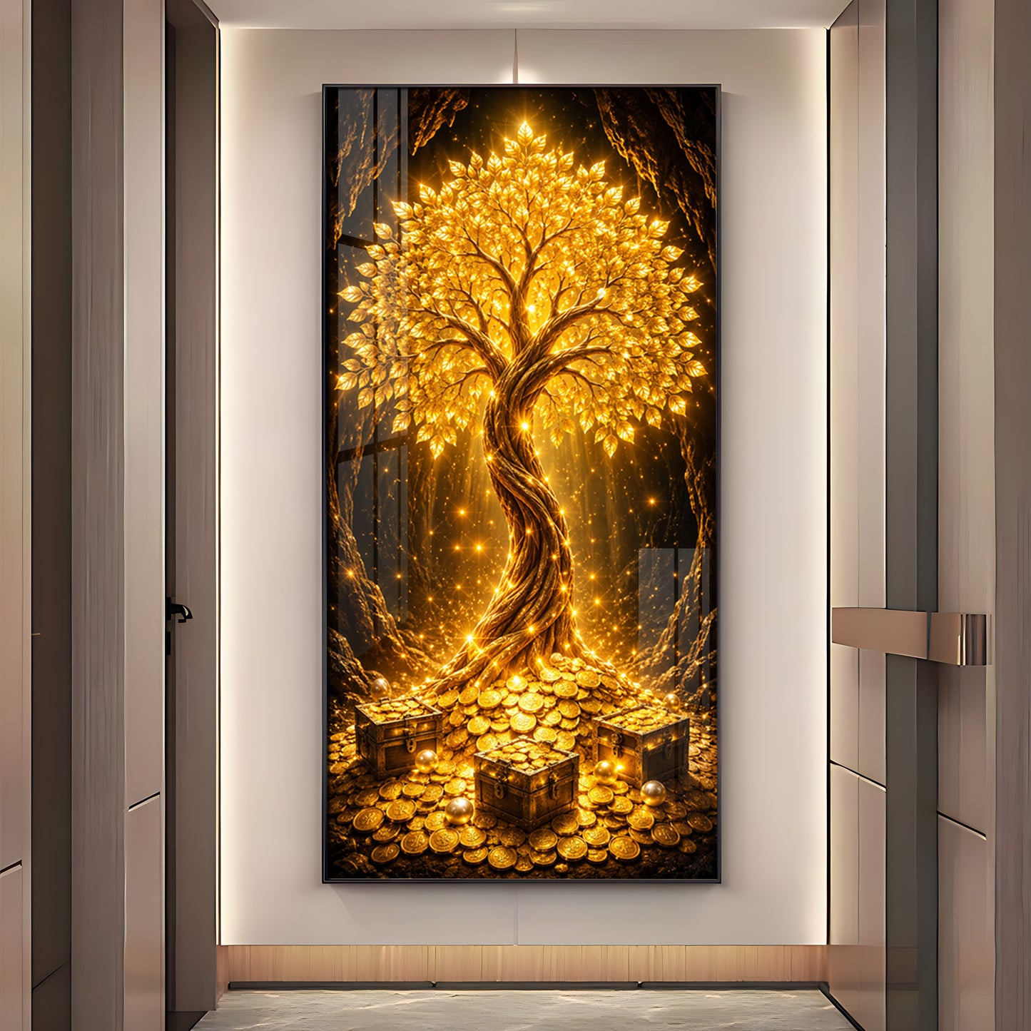 Golden Tree Of Wealth Premium Acrylic Vertical Wall Art