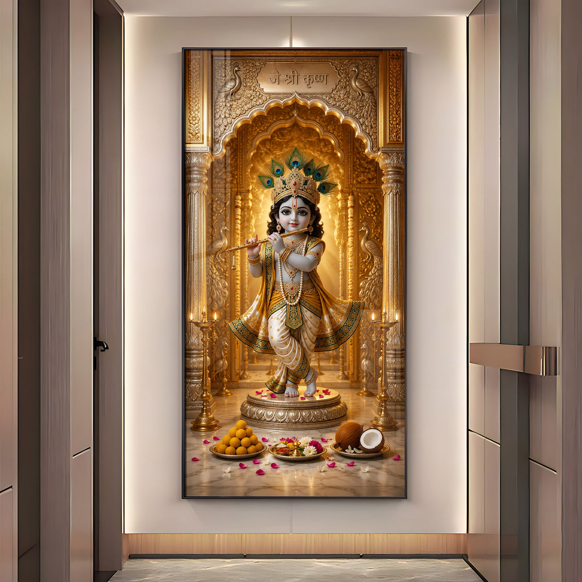 Little Krishna Playing Bansuri Premium Acrylic Vertical Wall Art