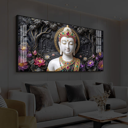 Lotus Serenity Lord Buddha Modern Luxury Backlight Horizontal Wall Art
