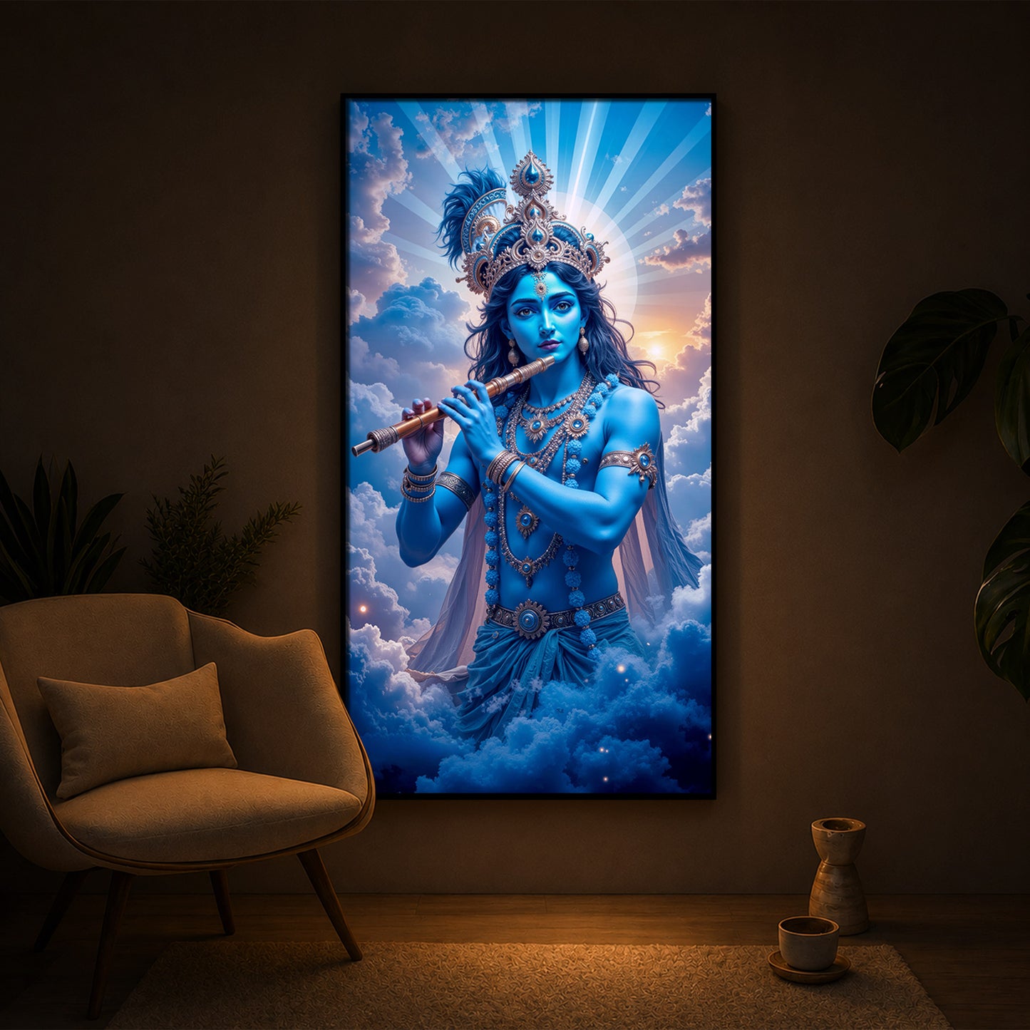 Lord Shri Krishna Modern Luxury Backlight Vertical Wall Art