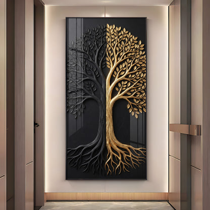 Dual Tone Black and Metallic Gold Tree Premium Acrylic Vertical Wall Art