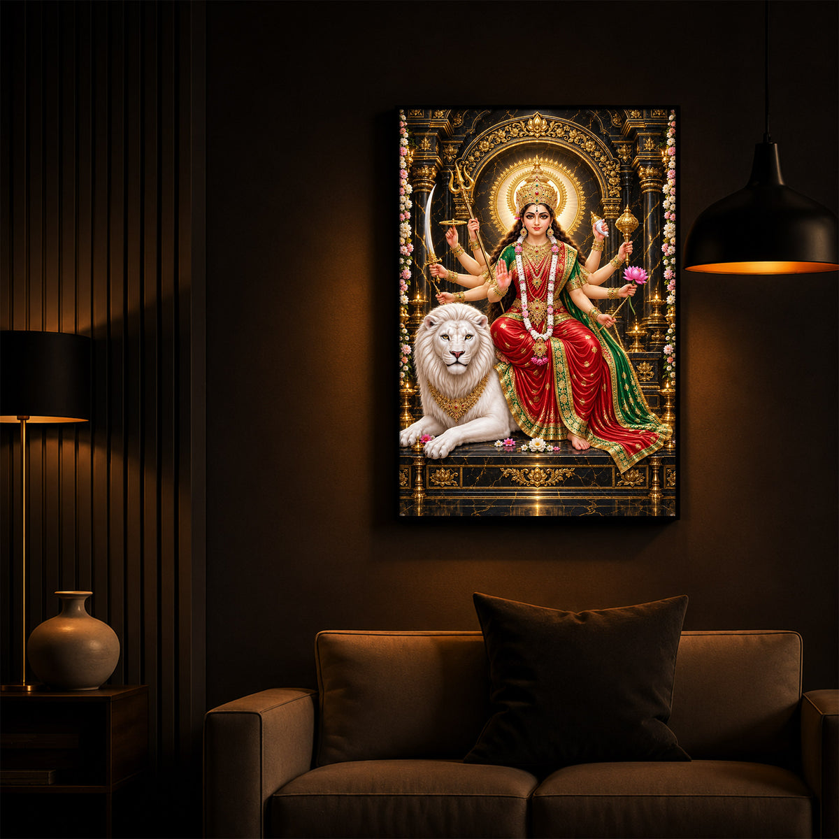 Maa Durga With White Lion Modern Luxury Backlight Vertical Wall Art