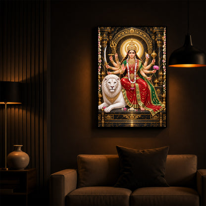 Maa Durga With White Lion Modern Luxury Backlight Vertical Wall Art
