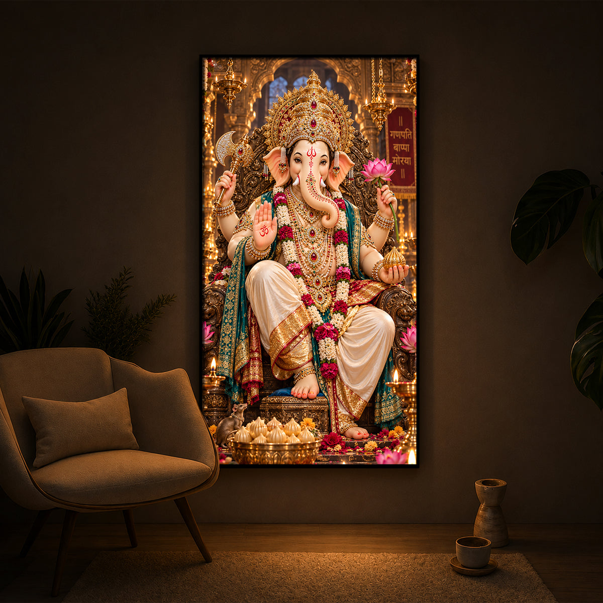 Ganapati Bappa Divine Blessings Modern Luxury Backlight Vertical Wall Art