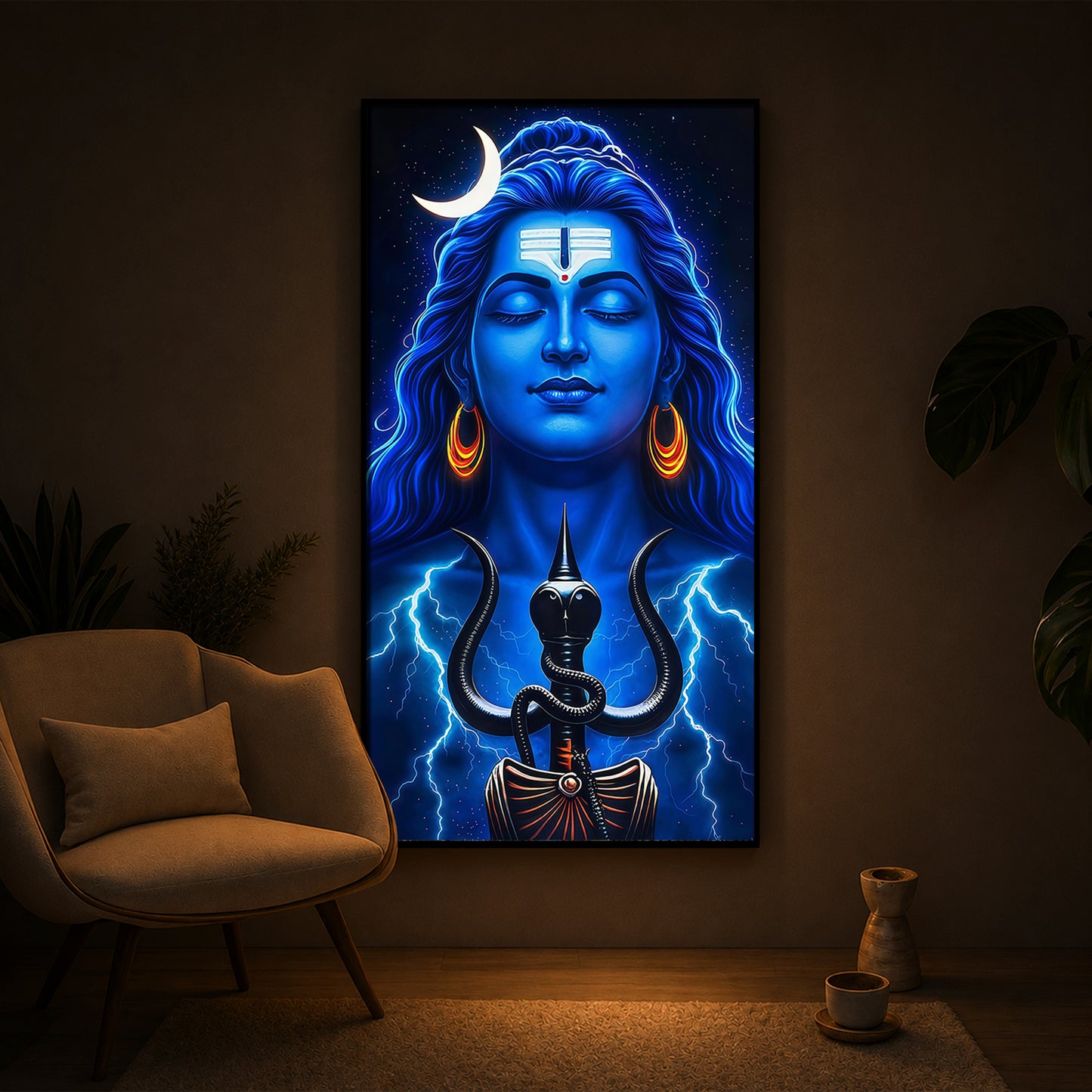 Lord Shiva Trishul Modern Luxury Backlight Vertical Wall Art