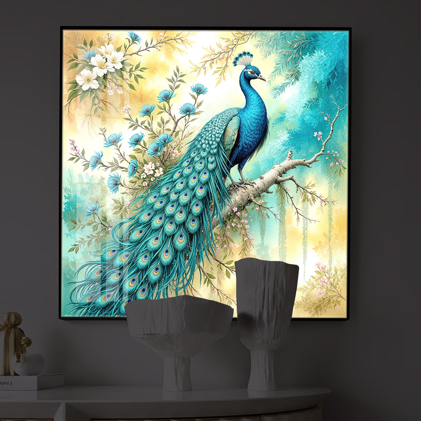 Peacock Perch Art Modern Luxury Backlight Square Wall Art