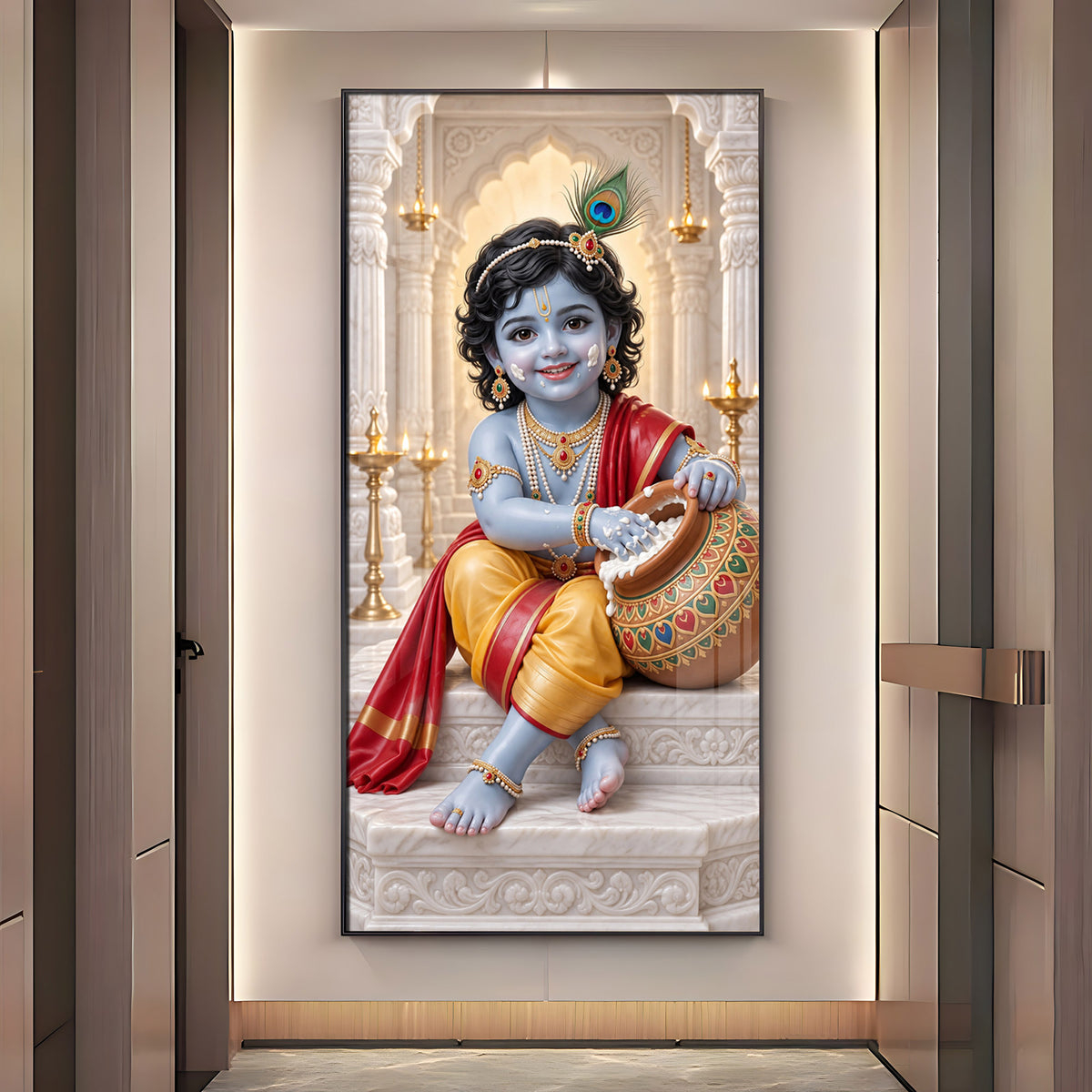 Little Krishna With Makhan Matki Premium Acrylic Vertical Wall Art