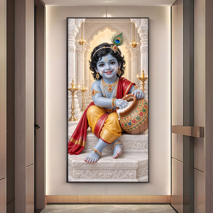Little Krishna With Makhan Matki Premium Acrylic Vertical Wall Art