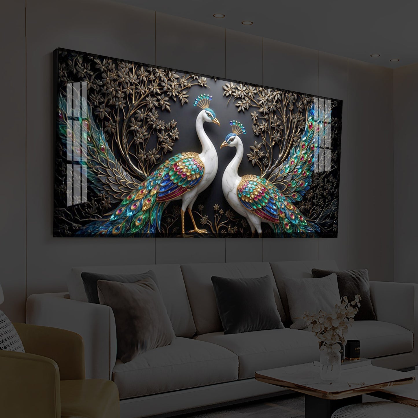 Serene Peacock Modern Luxury Backlight Horizontal Wall Art