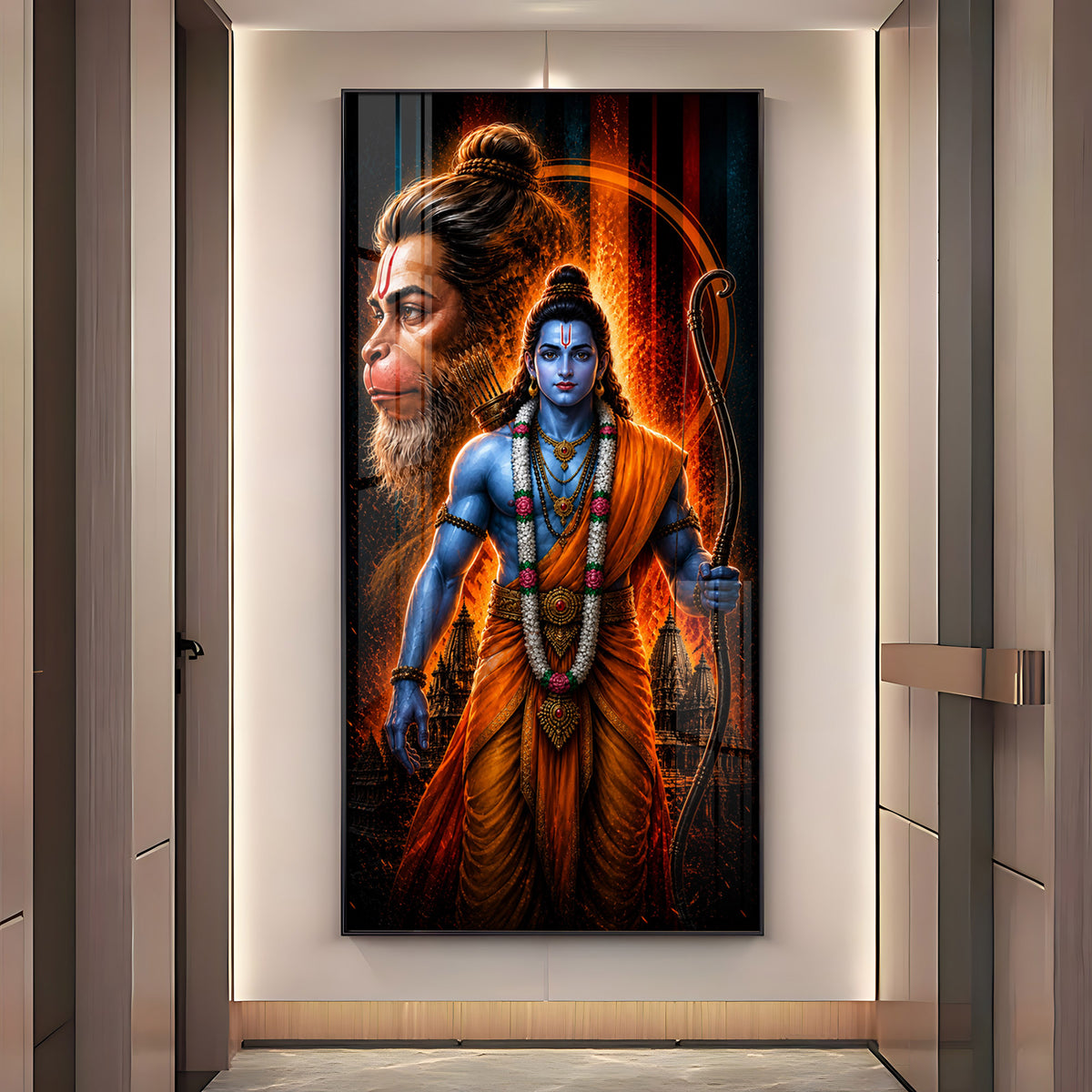 Sacred Lord Rama & Hanuman Divine Aura Premium Acrylic Vertical Wall Art