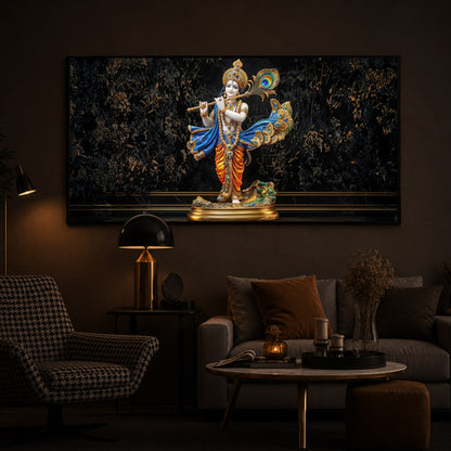 Lord Krishna With Flute Modern Luxury Backlight Horizontal Wall Art