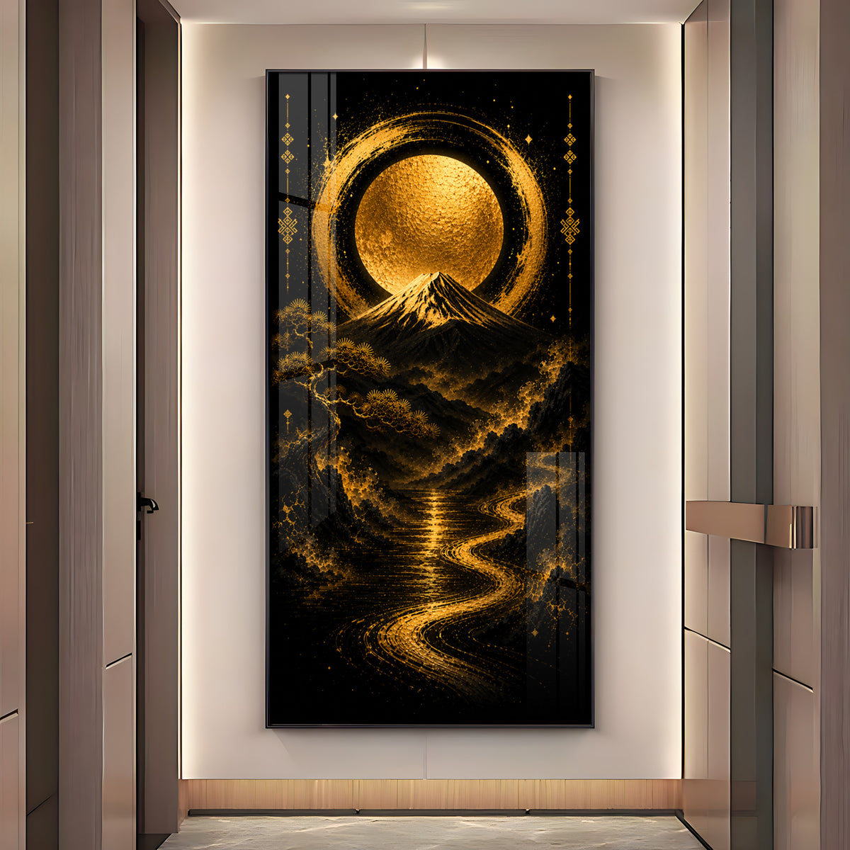 Golden Moon & Sacred Mountain Landscape Premium Acrylic Vertical Wall Art