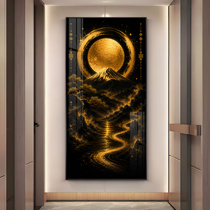 Golden Moon & Sacred Mountain Landscape Premium Acrylic Vertical Wall Art