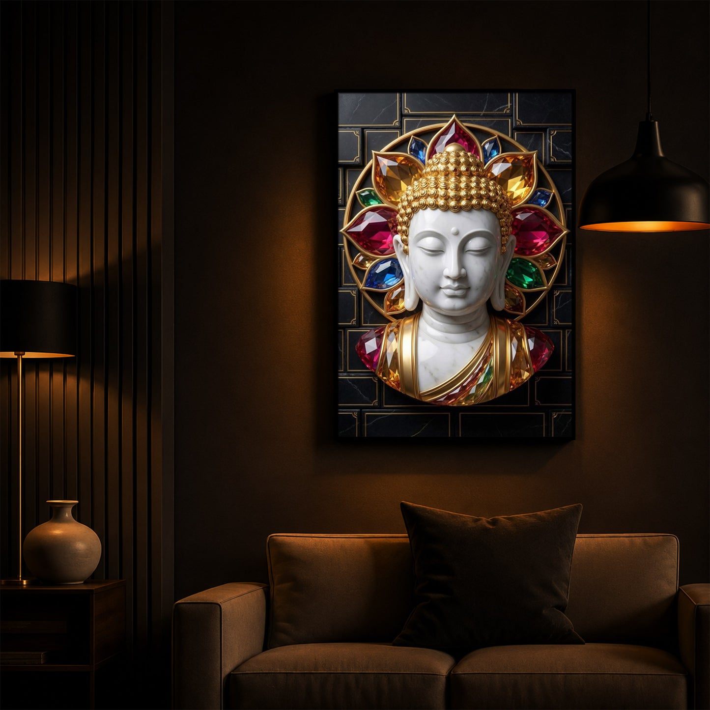 White Buddha Face Modern Luxury Backlight Vertical Wall Art
