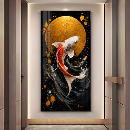 Golden Moon & Swimming Koi Fish Premium Acrylic Vertical Wall Art