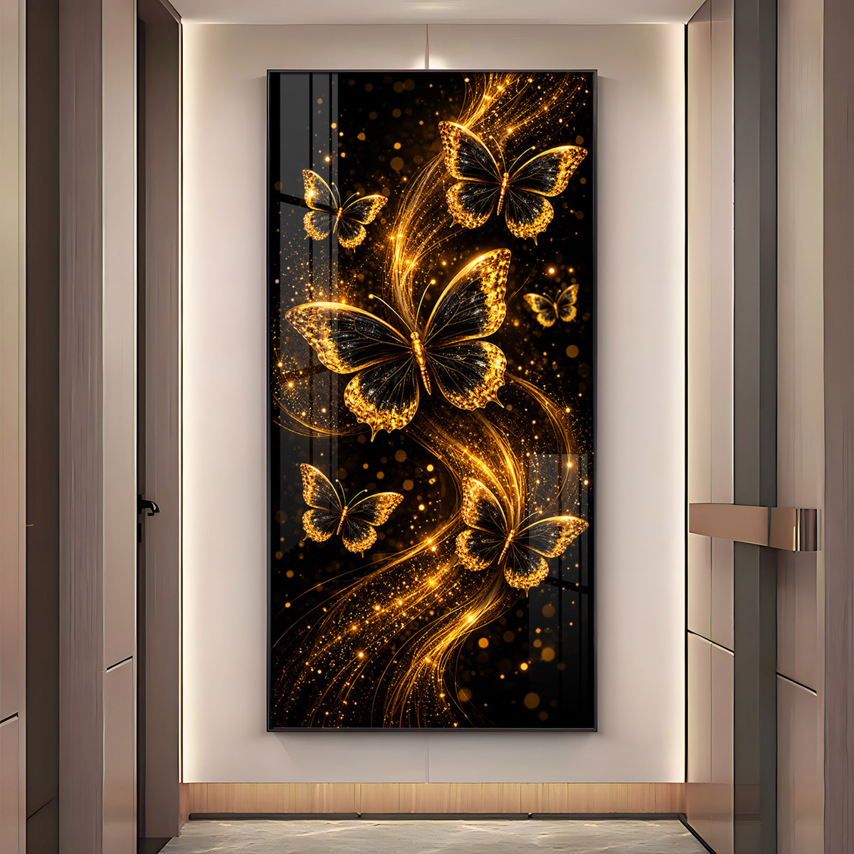 Elegant Golden Sparkle Butterflies Premium Acrylic Vertical Wall Art