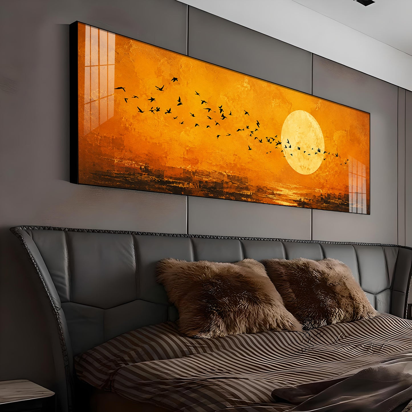 Flocking Birds Golden Sun Premium Acrylic Horizontal Wall Art