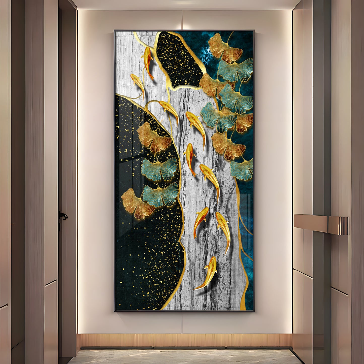 Gold Fish & Feathers Premium Acrylic Vertical Wall Art